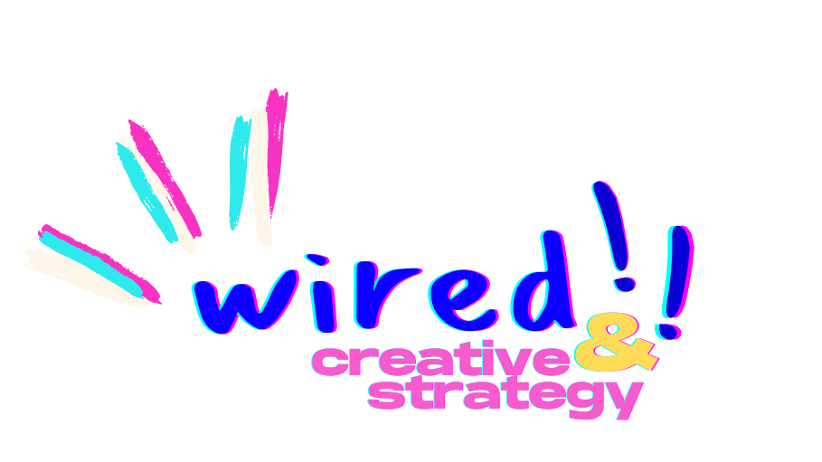 Commpany logo reading: Wired creative & strategy. Three energetic lines on the left, two exclamation points on the right
